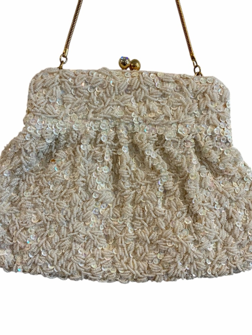 Vintage Hand Beaded Evening Bag with Gold Tone Chain and Faux Diamond Clasp - Picture 3 of 10